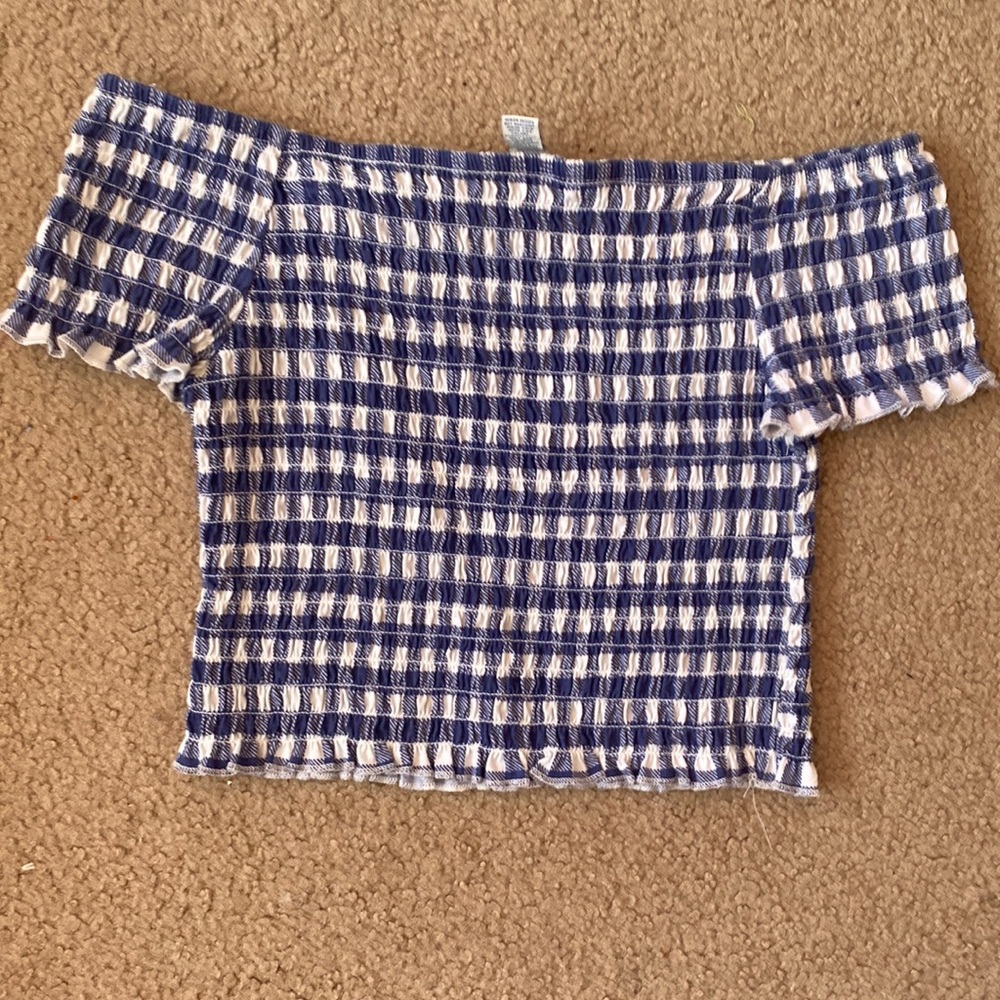 Blue, plaid, off the shoulder crop top.
